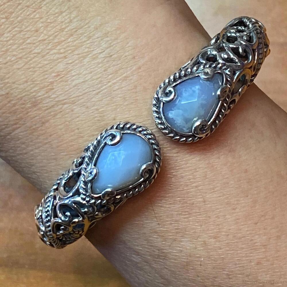 Carolyn Pollack Sterling Blue Lace Agate Doublet Decorated Hinged Bracelet
